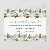 White Floral Magnolias Script Moving Retirement Aankondigingskaart (Voorkant)