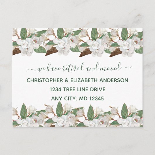 White Floral Magnolias Script Moving Retirement Aankondigingskaart (Voorkant)