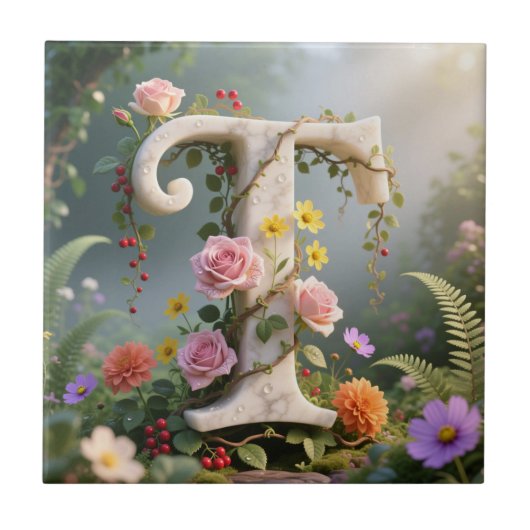 White Floral Marble Monogram Letter T Tegeltje (Voorkant)