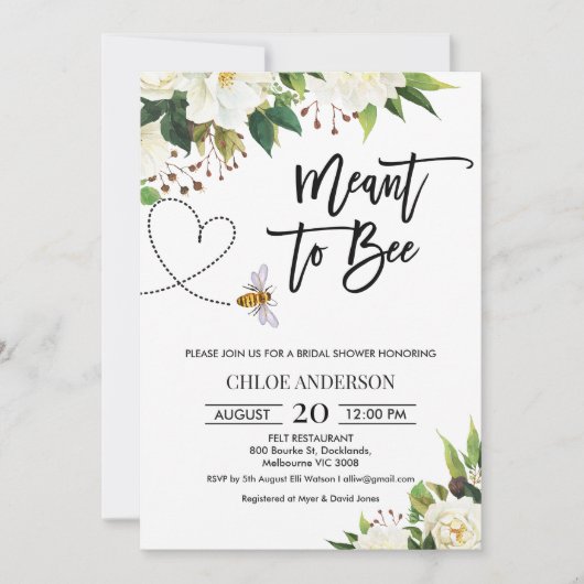 White Floral Meant to Bee Bridal Shower Invitation Kaart (Voorkant)