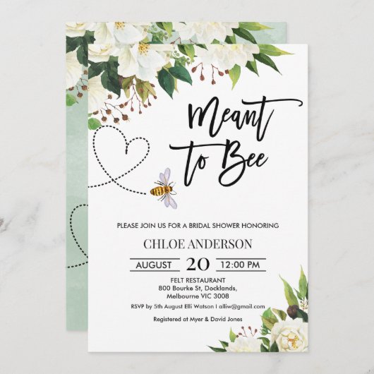 White Floral Meant to Bee Bridal Shower Invitation Kaart (Voorkant / Achterkant)