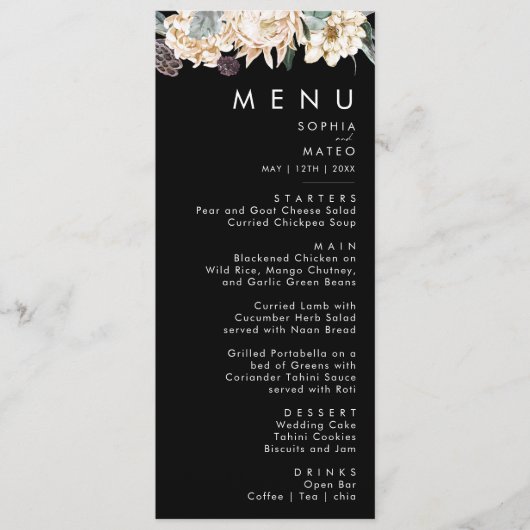 White Floral | Menu Zwart weddenschap (Voorkant)