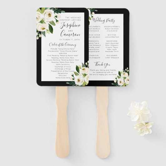 White Floral met Black Wedding Ceremony Program Handwaaier (Voorkant en achterkant)