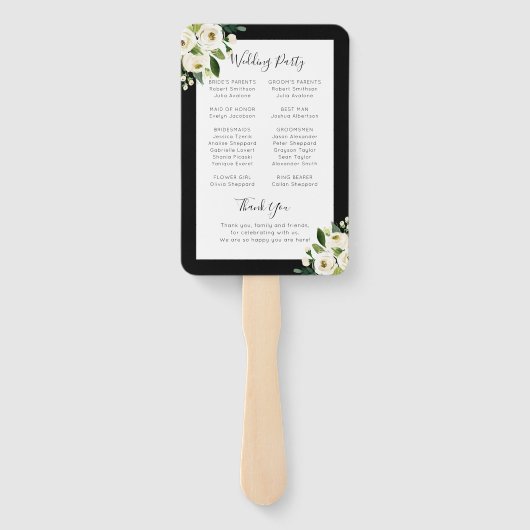 White Floral met Black Wedding Ceremony Program Handwaaier (Achterkant)