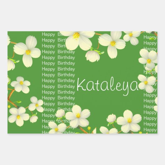 White Floral met groene achtergrondverjaardag Inpakpapier Vel (Voorkant)