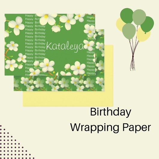 White Floral met groene achtergrondverjaardag Inpakpapier Vel