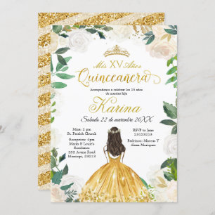 White Floral Mexican Gold Quinceanera Kaart