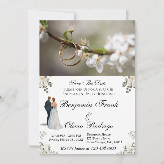 White Floral minimalist Surprise Verloving Invite Kaart (Voorkant)