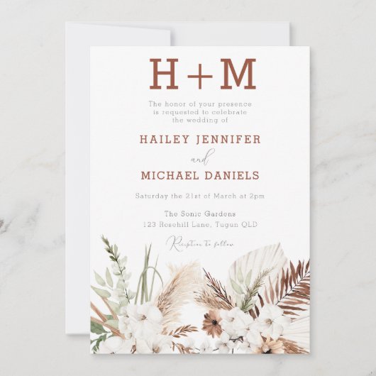 White Floral Monogram Boho Wedding Kaart (Voorkant)