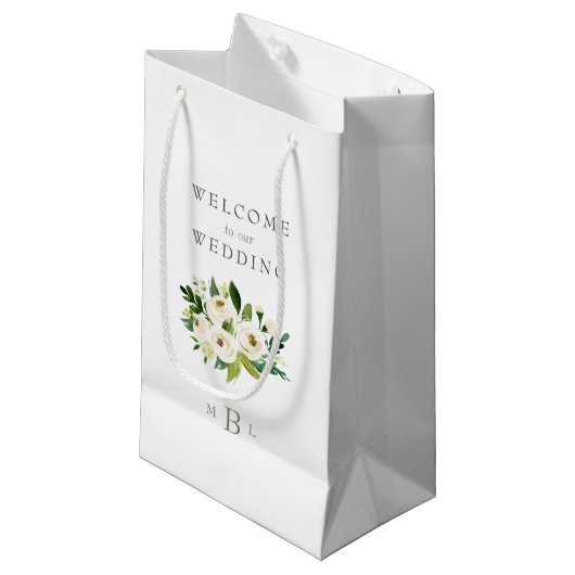 White Floral Monogram Elegant White Wedding Klein Cadeauzakje (Voorkant Gekanteld)