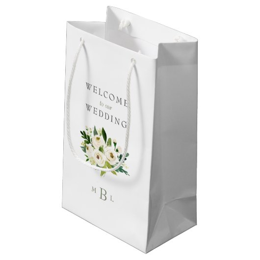White Floral Monogram Elegant White Wedding Klein Cadeauzakje (Achterkant Gekanteld)