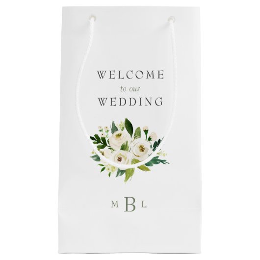 White Floral Monogram Elegant White Wedding Klein Cadeauzakje (Voorkant)