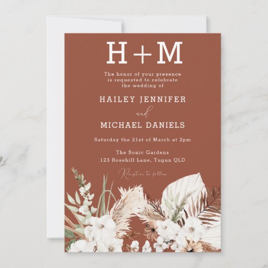 White Floral Monogram Terracotta Boho Wedding Kaart (Voorkant)