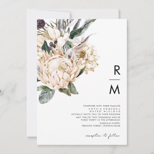White Floral Monogram Wedding Kaart (Voorkant)