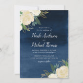 White Floral Navy Blue Waterverf Wedding Kaart (Voorkant)