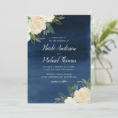 White Floral Navy Blue Waterverf Wedding Kaart (Staand voorkant)