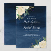 White Floral Navy Blue Waterverf Wedding Kaart (Voorkant / Achterkant)