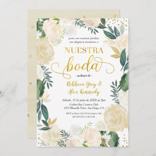 White Floral Nuestra Boda Mexican Wedding Invitati Kaart (Voorkant / Achterkant)