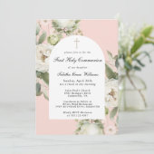 White Floral on Pink First Holy Communion Kaart (Staand voorkant)