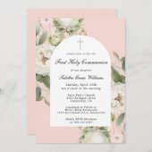 White Floral on Pink First Holy Communion Kaart (Voorkant / Achterkant)