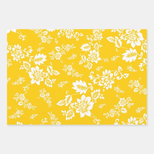 White Floral on Yellow Spring Background Inpakpapier Vel (Voorkant 3)