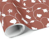 White Floral over Burnt Umber Cadeaupapier (Rol Hoek)