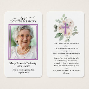 White Floral Paars Photo Funeral Prayer Card Visitekaartje