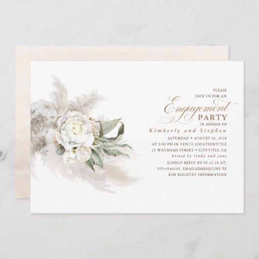 White Floral Pampas Grass Elegant Engagement Party Kaart (Voorkant / Achterkant)
