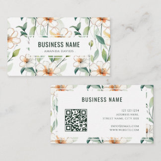 White Floral Pattern Green Greenery QR Code Visitekaartje