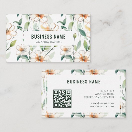 White Floral Pattern Green Greenery QR Code Visitekaartje (Voorkant / Achterkant)