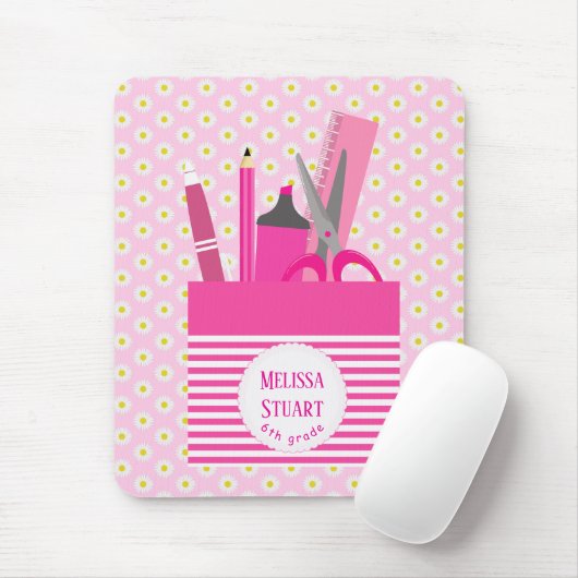 White Floral Pattern Pink Girly Stationeries Muismat (Met muis)