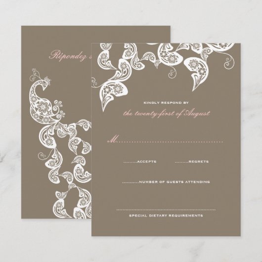 White Floral Peacock Elegant Wedding RSVP Card (Voorkant / Achterkant)