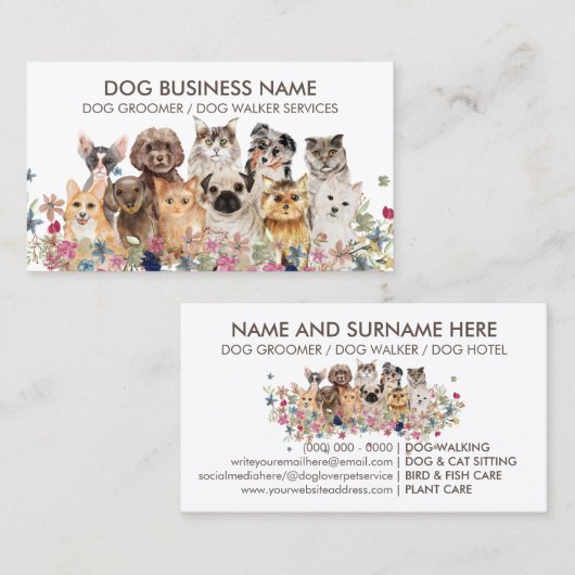 White Floral Pet Dog Cat Family Sitting Visitekaartje (Voorkant / Achterkant)