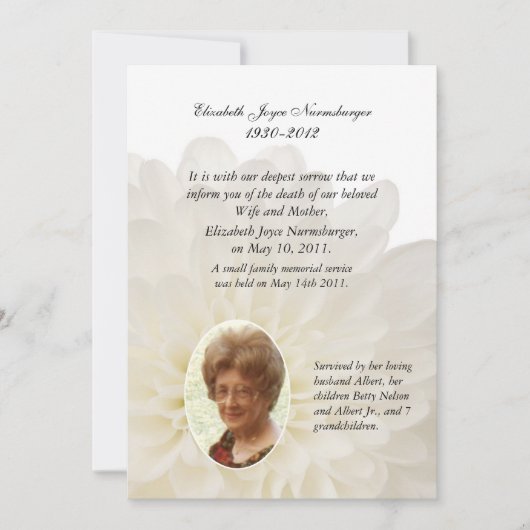 White Floral Photo Death Announcard Aankondiging (Voorkant)