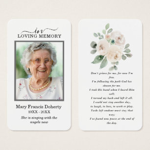 White Floral Photo Sympathie Funeral Prayer Card Visitekaartje