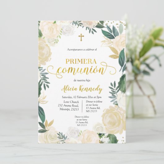 White Floral Primera Comunió n Invitacion Invitat Kaart (Staand voorkant)