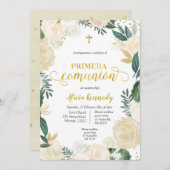 White Floral Primera Comunió n Invitacion Invitat Kaart (Voorkant / Achterkant)