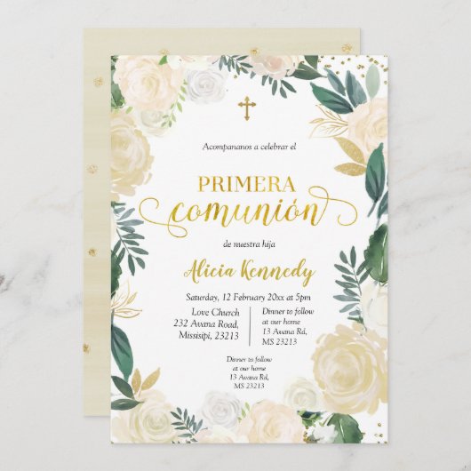 White Floral Primera Comunió n Invitacion Invitat Kaart (Voorkant / Achterkant)