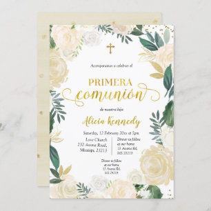 White Floral Primera Comunió n Invitacion Invitat Kaart