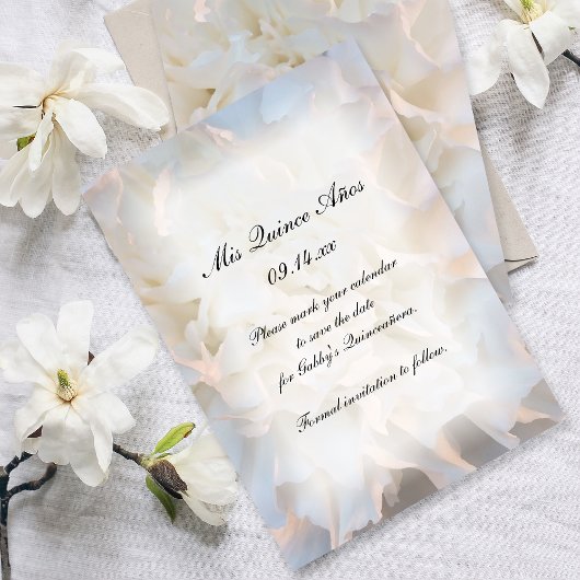 White Floral Quinceañera Save the Date