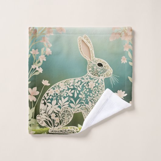 White Floral Rabbit Spring Art Bad Handdoek (Wasdoekje)