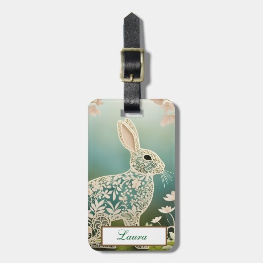 White Floral Rabbit Spring Art Bagagelabel (Voorkant verticaal)