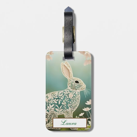 White Floral Rabbit Spring Art Bagagelabel (Achterkant verticaal)