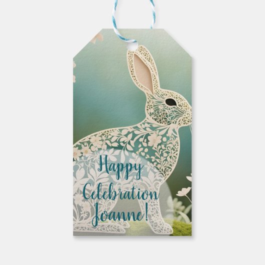 White Floral Rabbit Spring Art Cadeaulabel (Achterkant)
