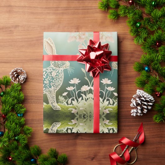 White Floral Rabbit Spring Art Cadeaupapier (Feestdagen Geschenken)