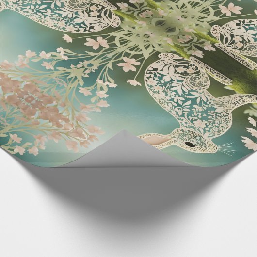 White Floral Rabbit Spring Art Cadeaupapier (Hoek)