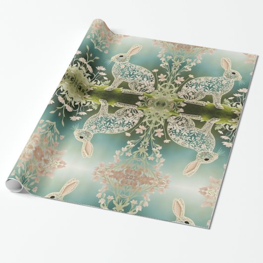 White Floral Rabbit Spring Art Cadeaupapier (Uitgerold)