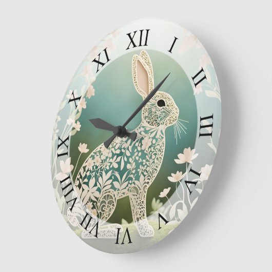 White Floral Rabbit Spring Art Grote Klok (Hoek)