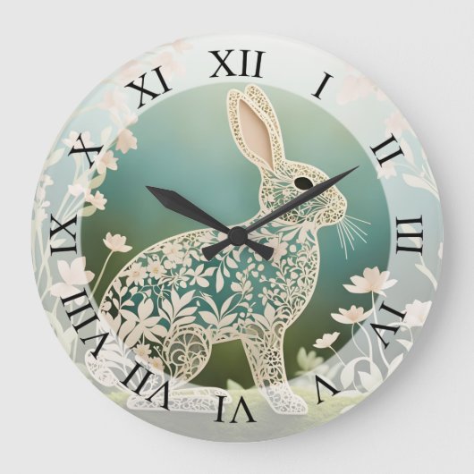 White Floral Rabbit Spring Art Grote Klok (Voorkant)