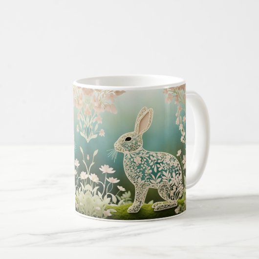 White Floral Rabbit Spring Art Koffiemok (Voorkant rechts)